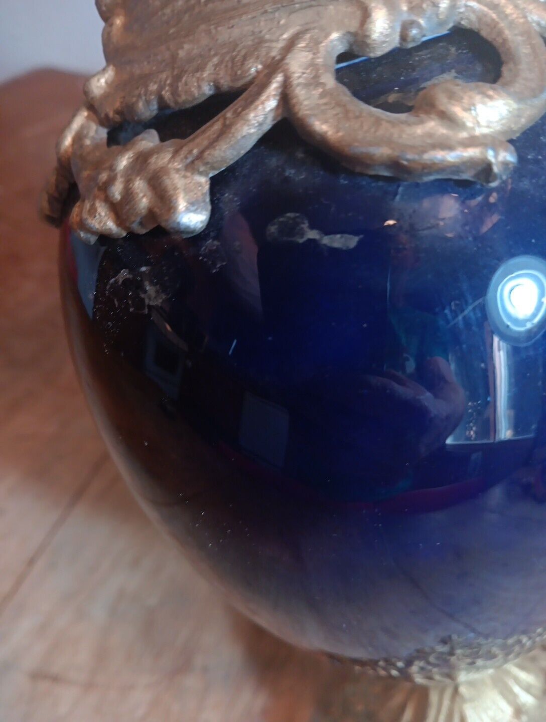Cobalt Blue Antique Metal Pitcher Vases Pair