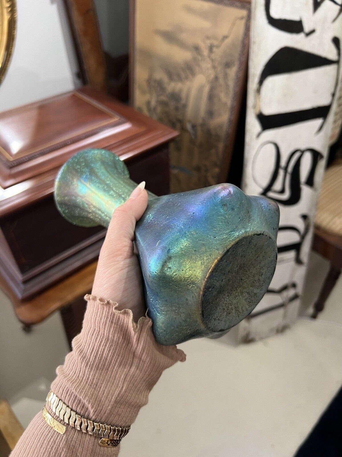 Bohemian Iridescent Glass Vase, Art Nouveau Design