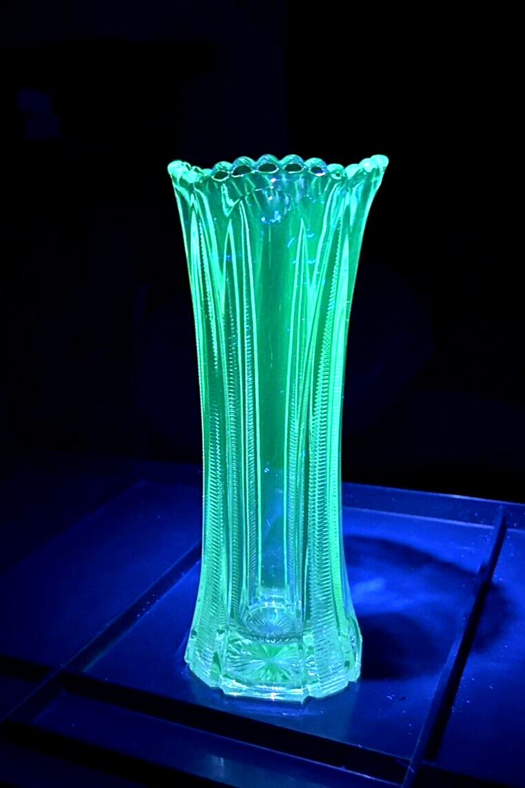 Antique Green Manganese Glow Glass Tall Vase