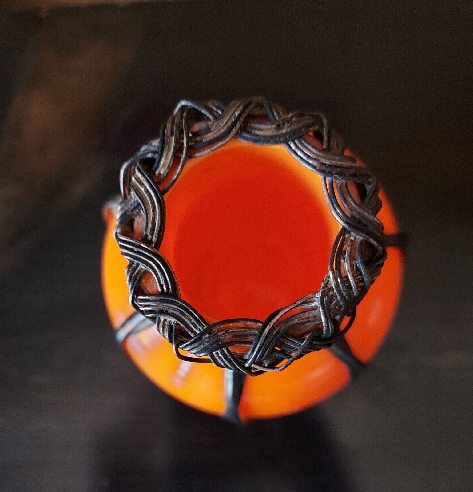Antique 1900s Woven Wire and Orange Glass Vase