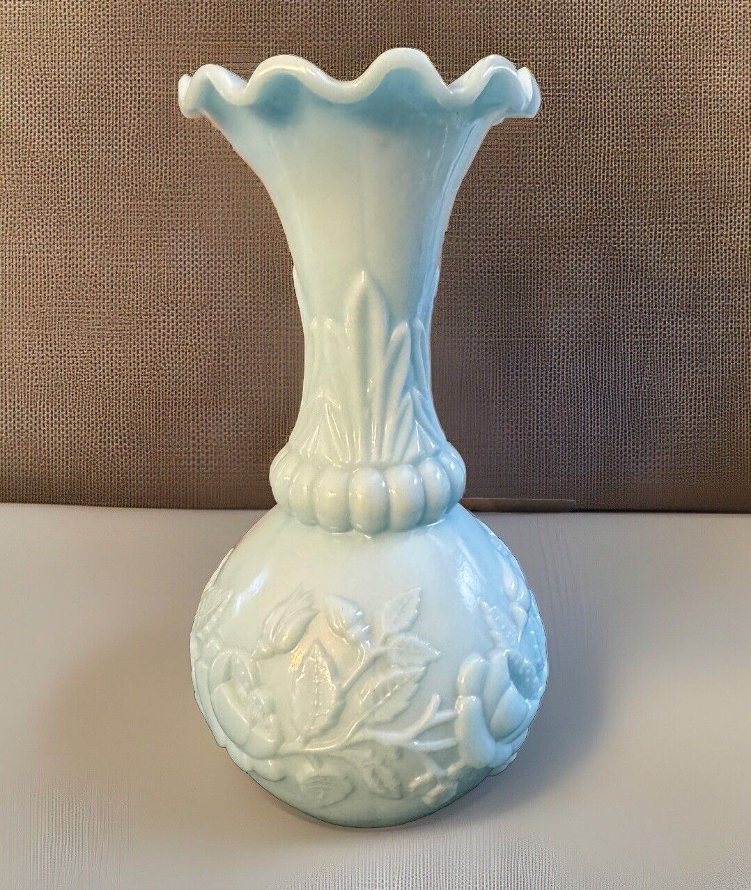French Portieux Vallerysthal Blue Opaline Milk Glass Vase