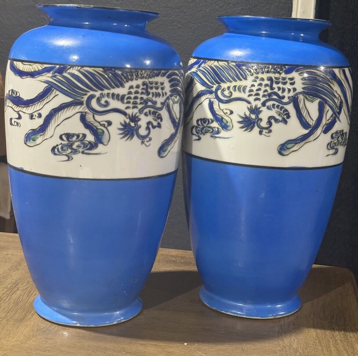 Blue Nippon Hand Painted Vases- Pair 1900s Japan