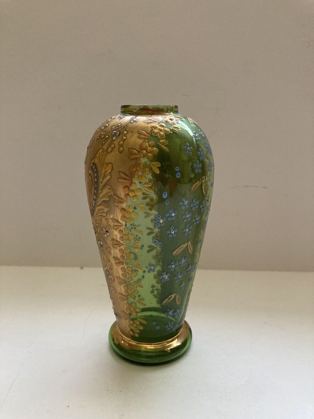Vintage Austria Art Glass Gold Yellow Enamel Green Vase