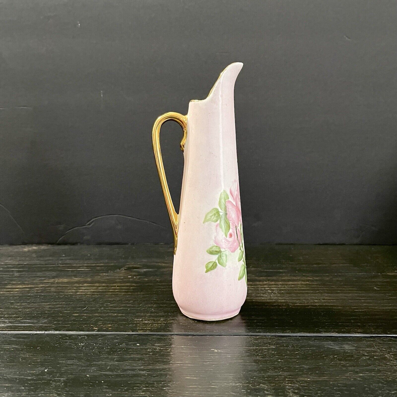 Miniature Floral Handpainted Pink Vase with Gold Trim