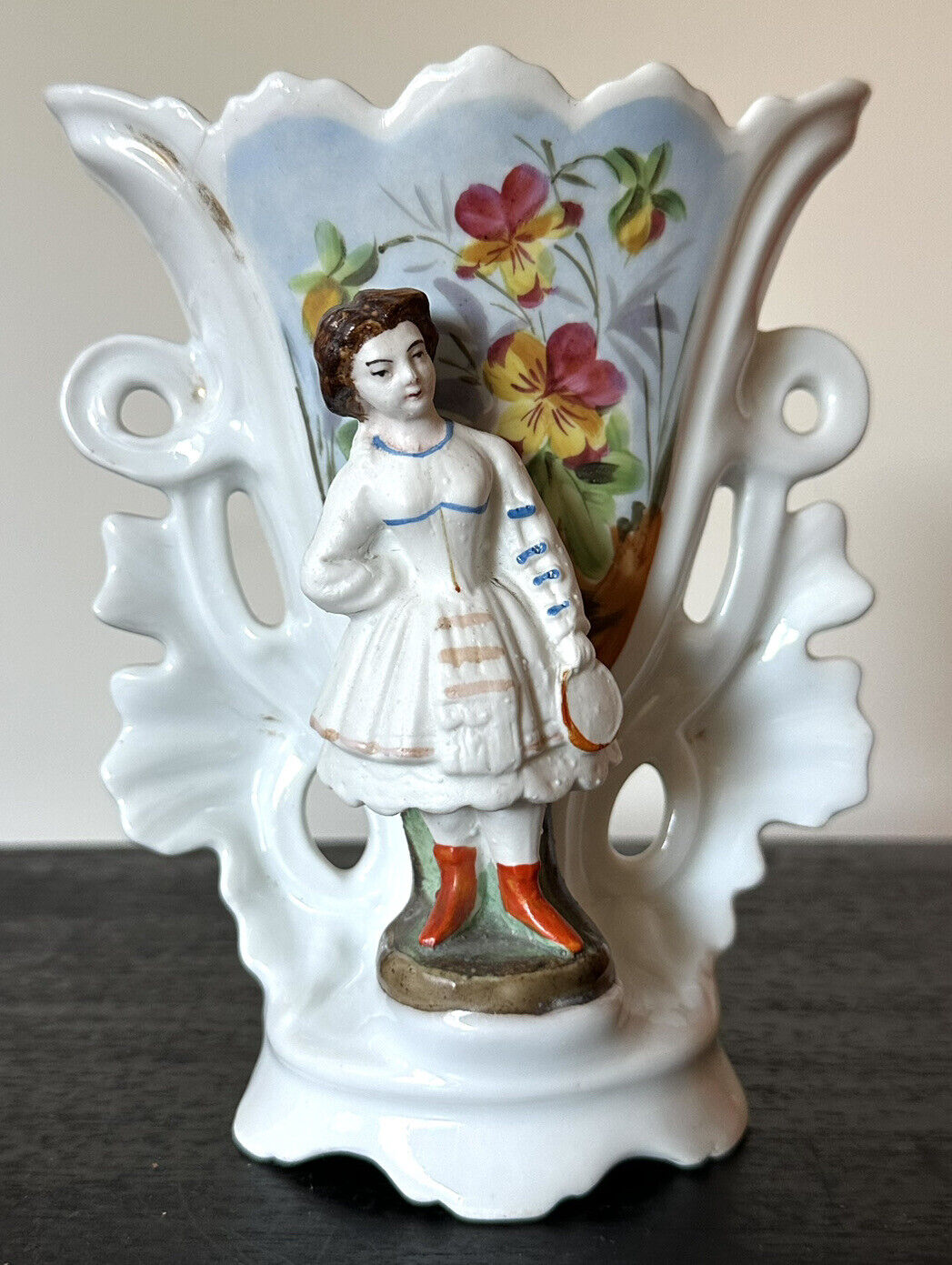 Edwardian bisque girl with pansies match spill vase