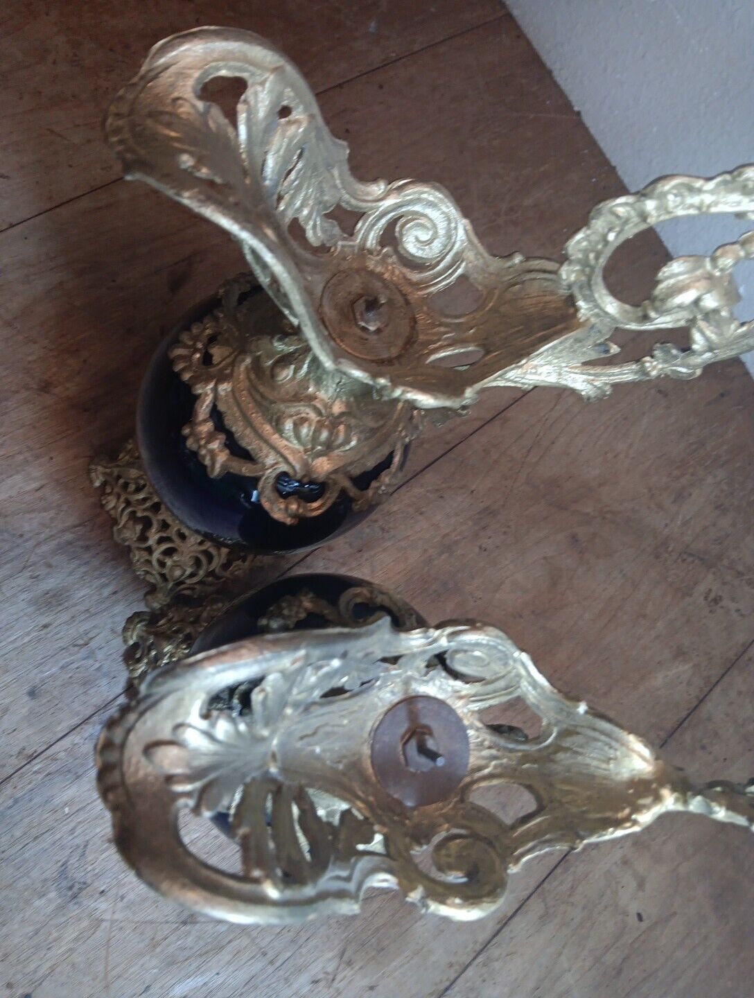 Cobalt Blue Antique Metal Pitcher Vases Pair