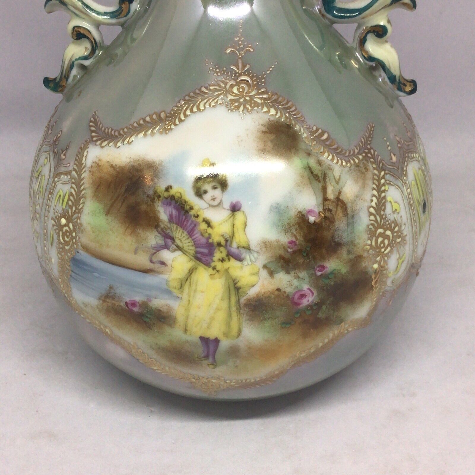 Vintage Hand Painted Porcelain Vase, Late 1800s, 10.5in