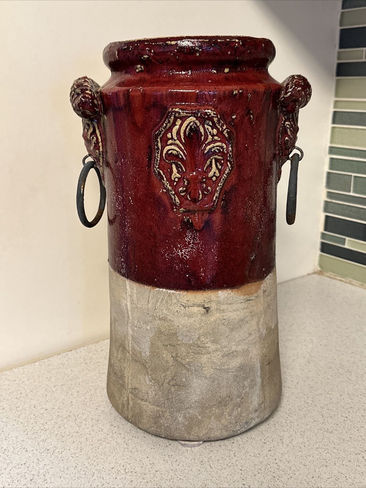 1800s European Glazed Pottery Vase with Fleur-de-lis & Lions