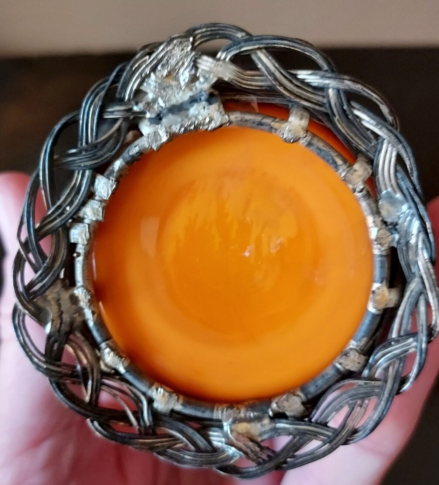Antique 1900s Woven Wire and Orange Glass Vase