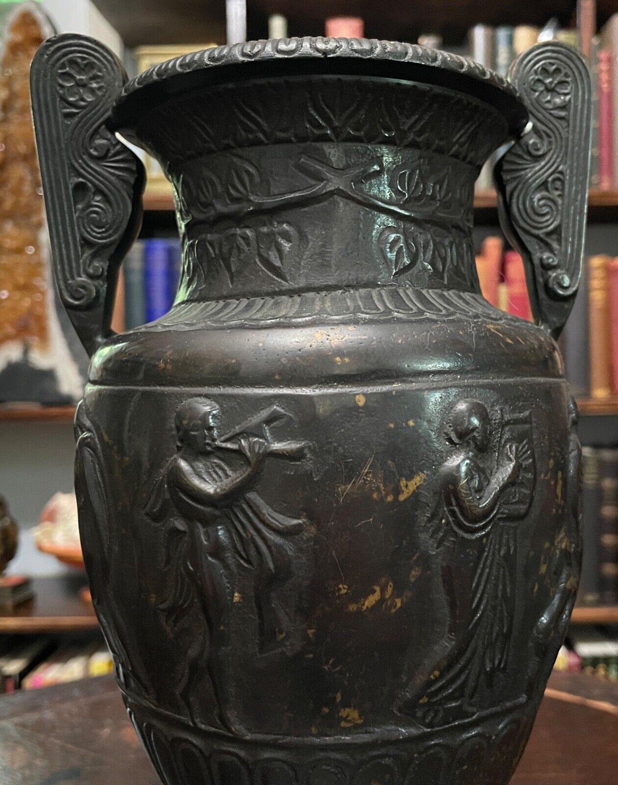 Heavy Solid Bronze Greek Krater Vase Urn