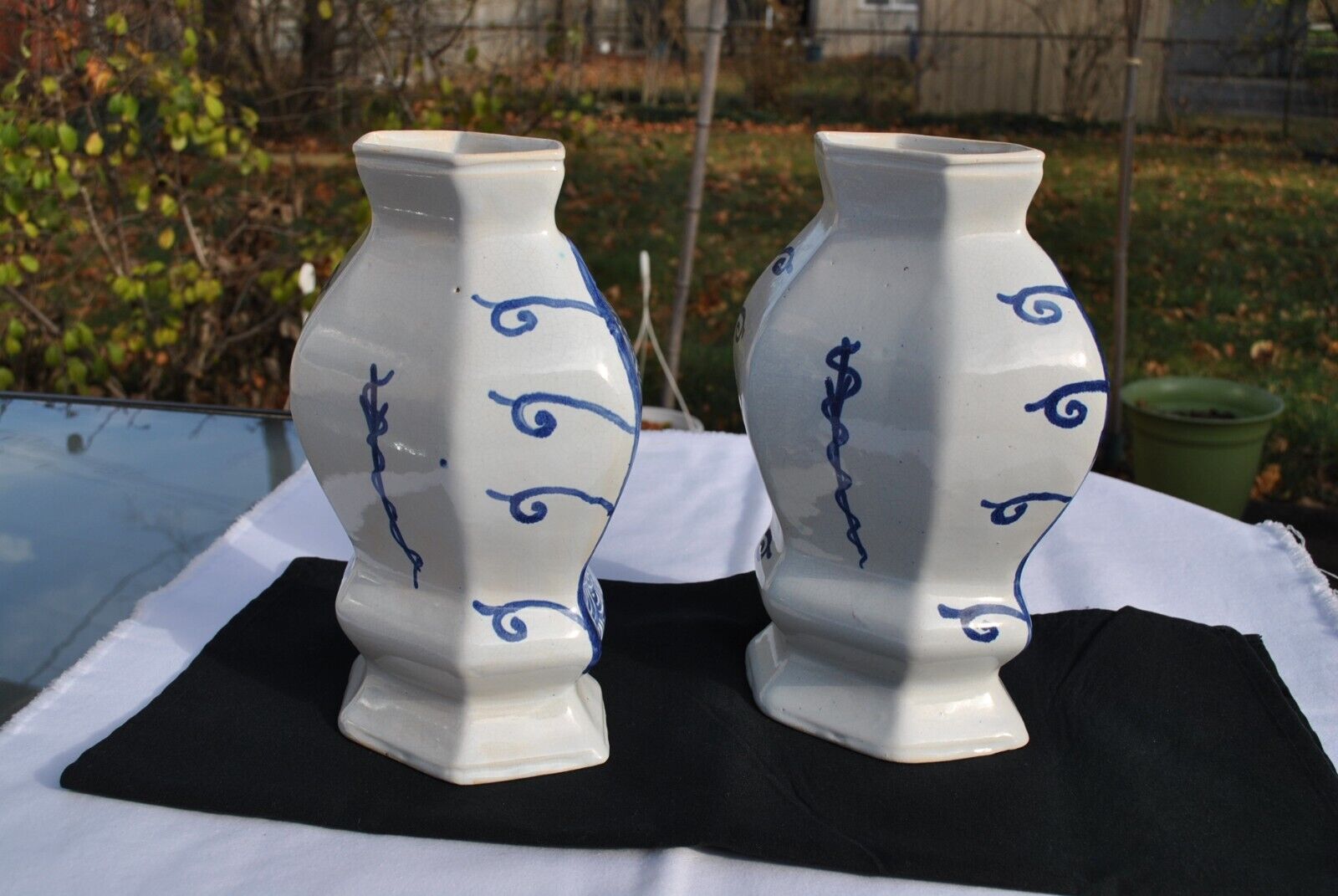 Delft 19th Century Flared Hexagonal Vases Pair