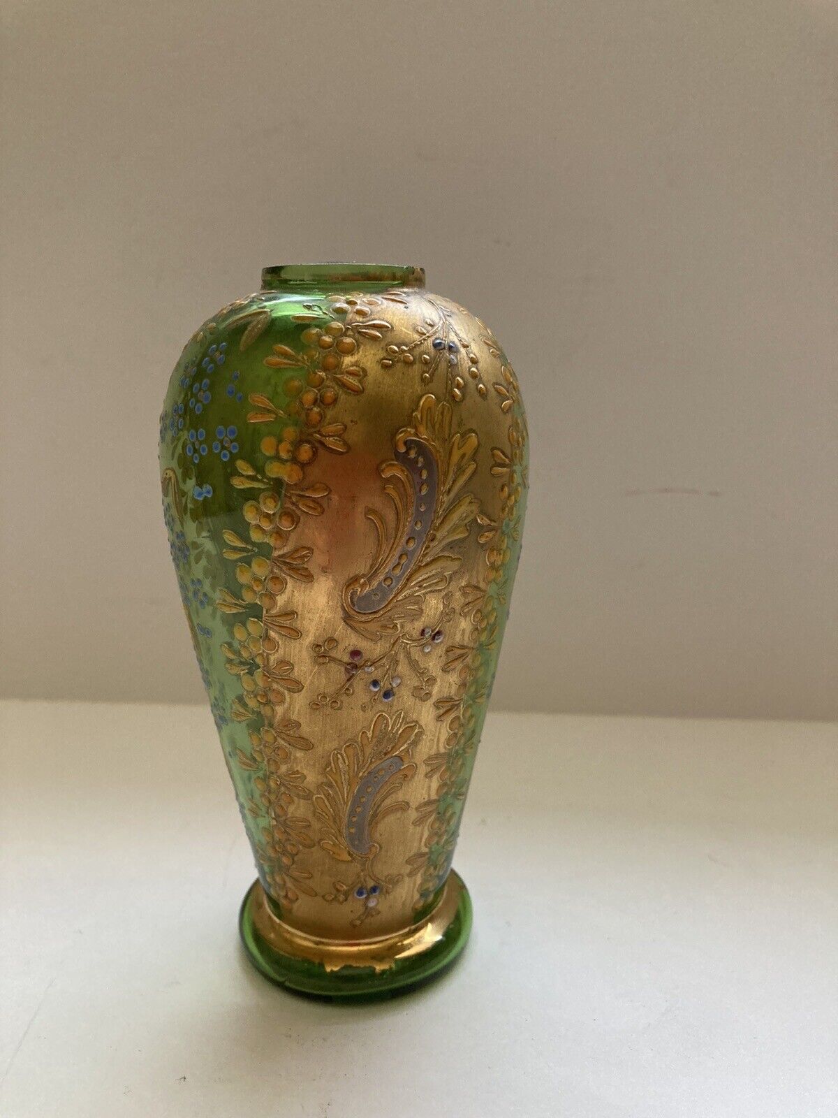 Vintage Austria Art Glass Gold Yellow Enamel Green Vase