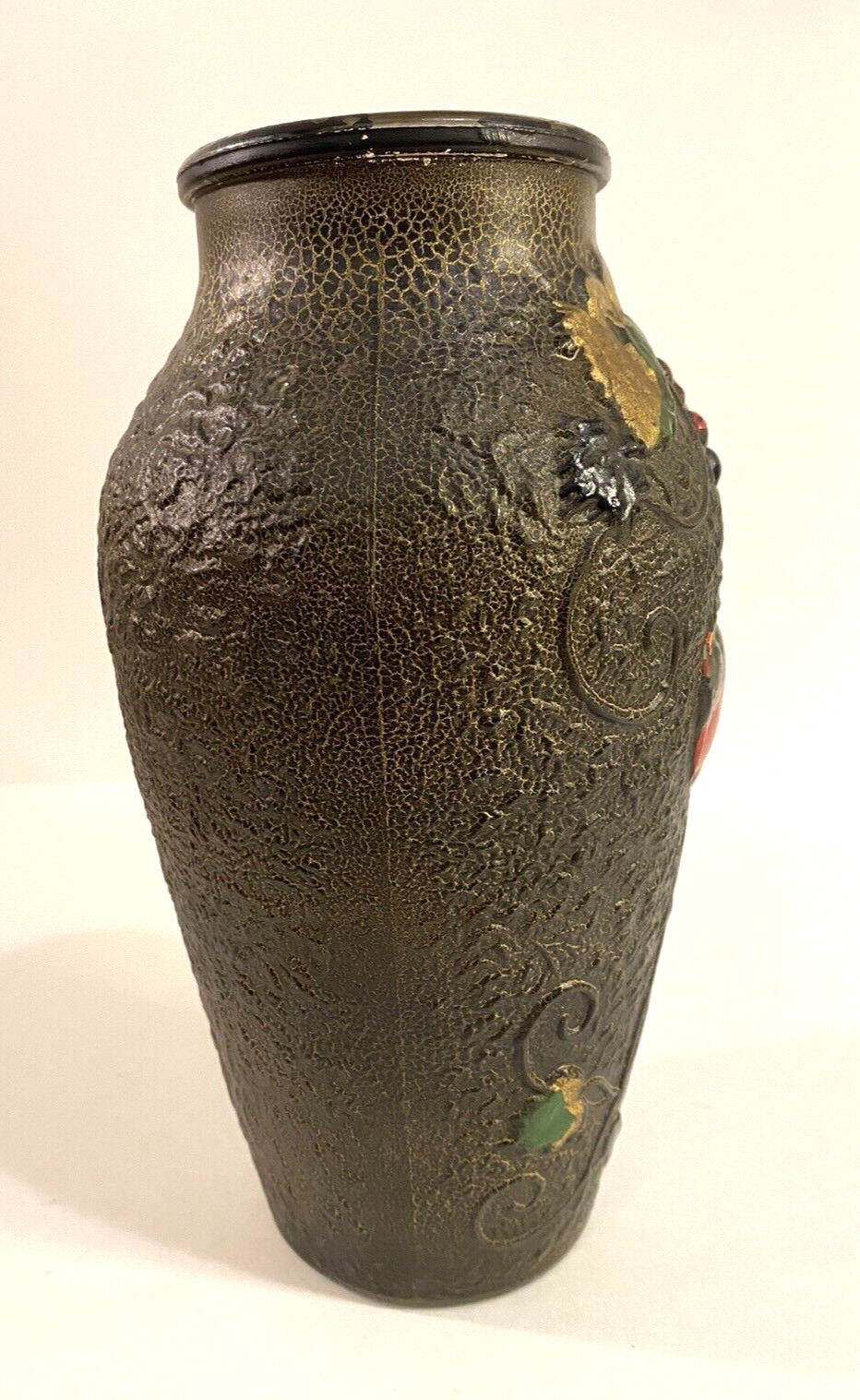 Art Nouveau Goofus Glass Vase with Red Bird