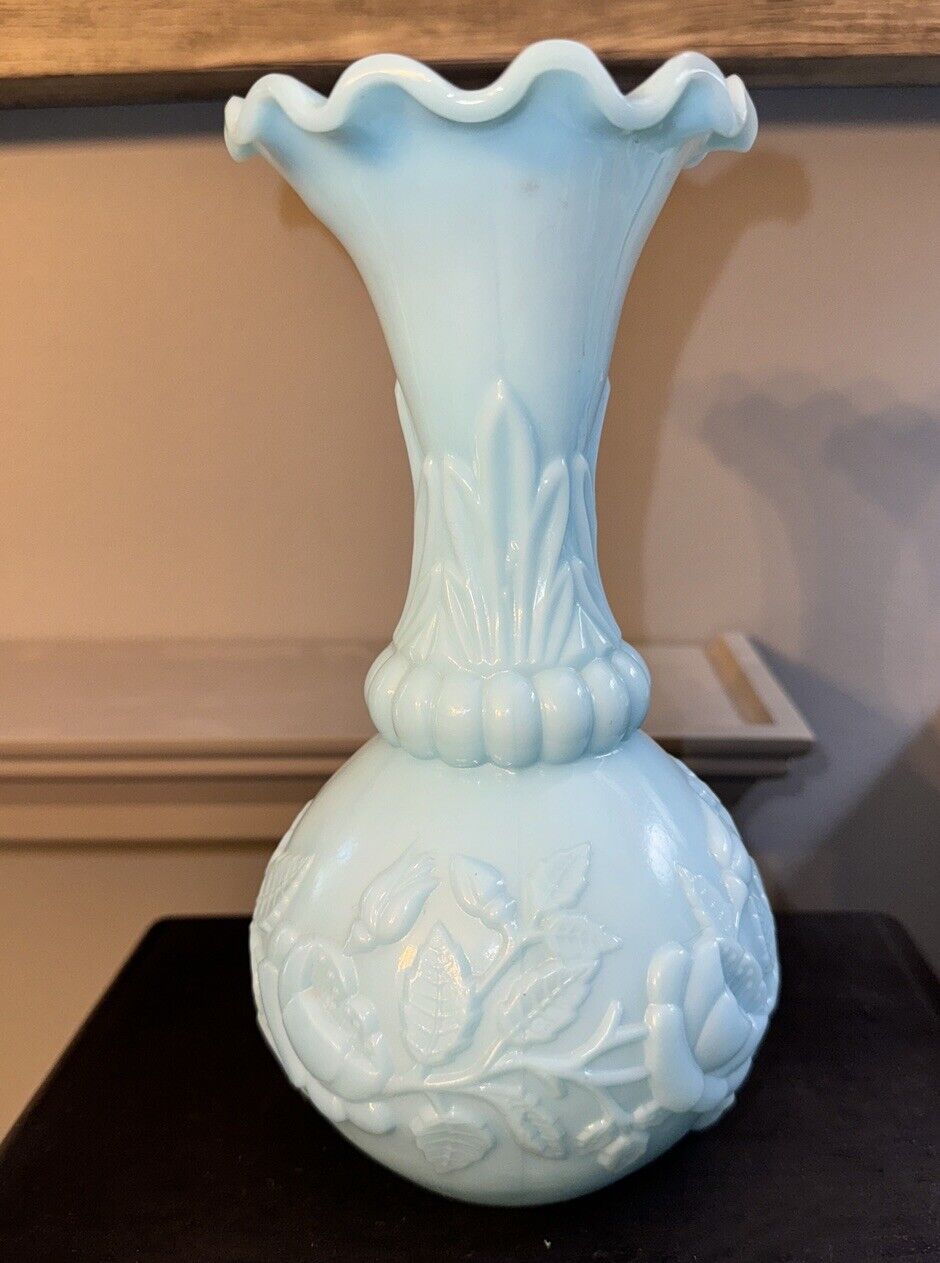 French Portieux Vallerysthal Blue Opaline Milk Glass Vase