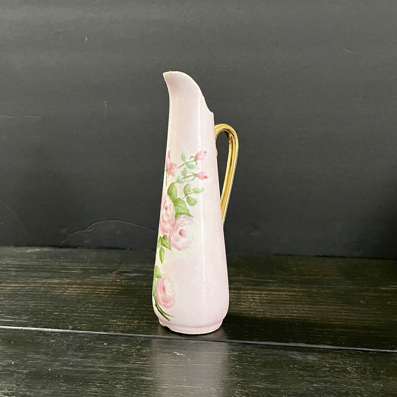 Miniature Floral Handpainted Pink Vase with Gold Trim