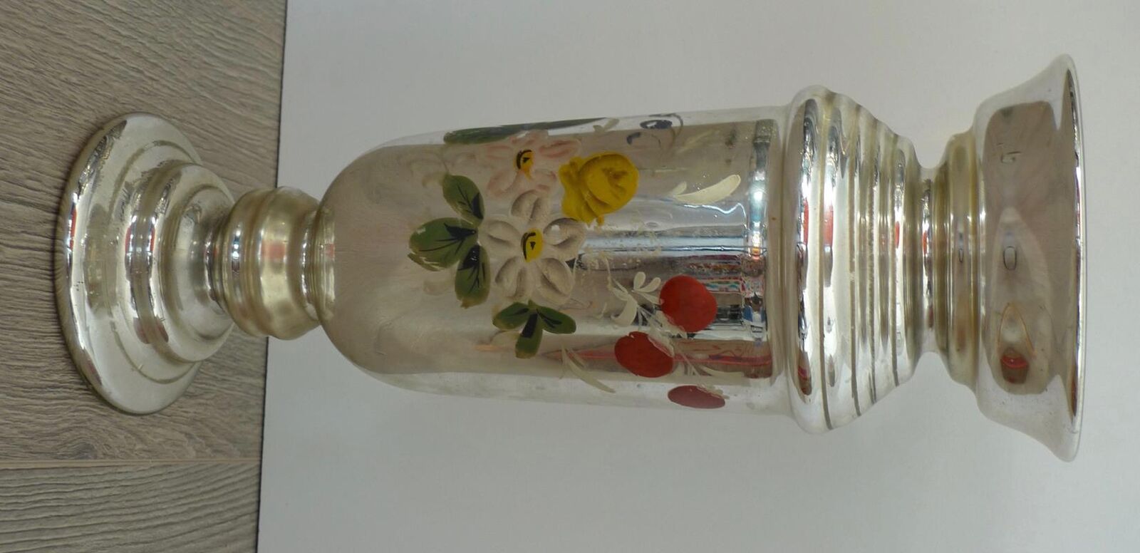 1800's Mercury Glass Vase with Enamel Florals