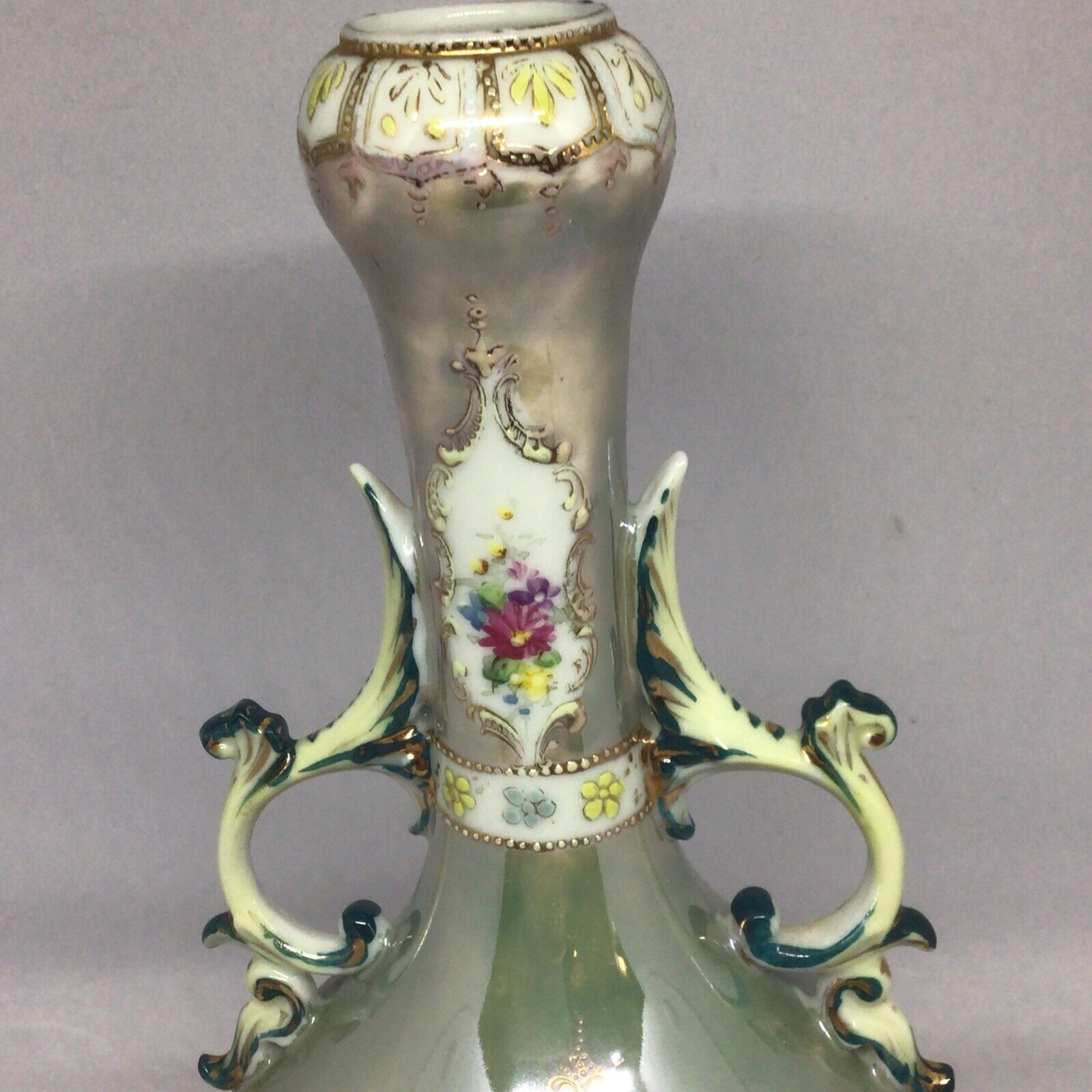 Vintage Hand Painted Porcelain Vase, Late 1800s, 10.5in