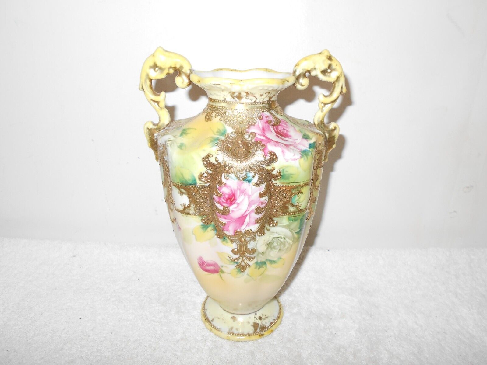 Antique Nippon Hand-Painted Rose Beaded Vase
