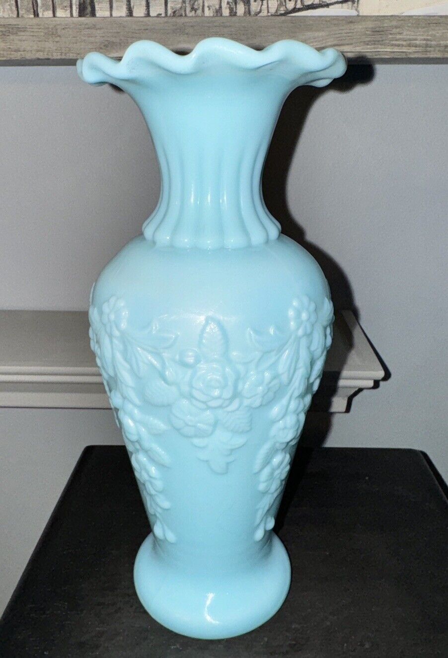 French Portieux Vallerysthal Blue Opaline Vase - 8.5”