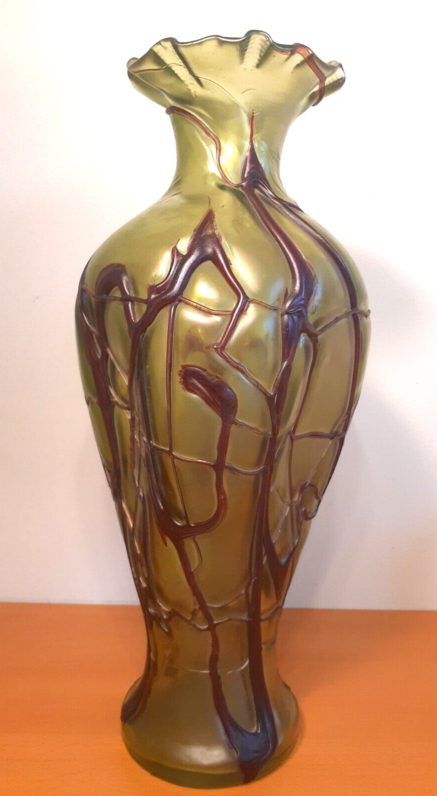 Tall 15" Pallme-Konig Green Veined Art Glass Vase