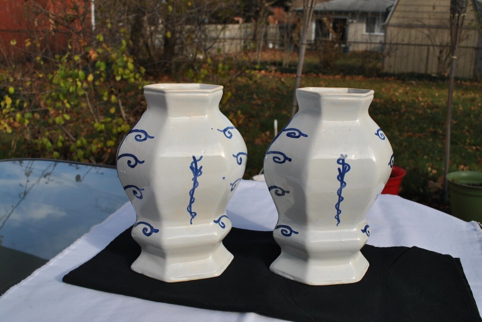 Delft 19th Century Flared Hexagonal Vases Pair