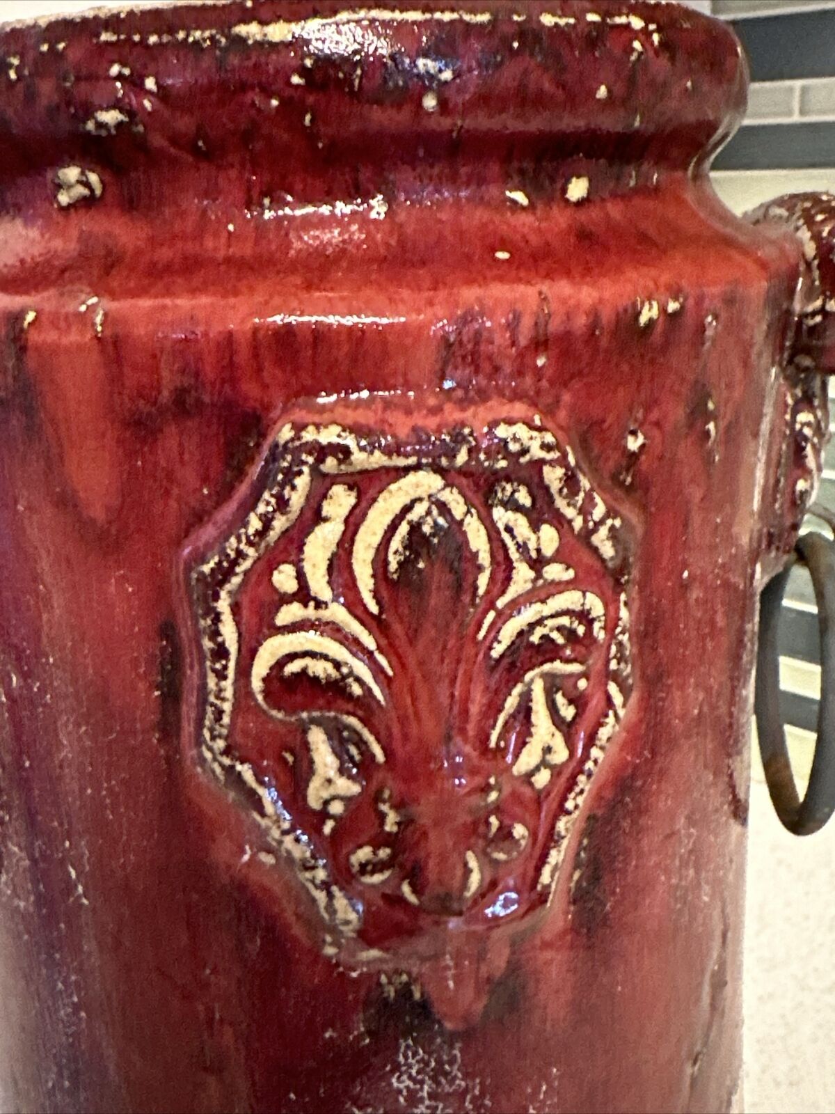 1800s European Glazed Pottery Vase with Fleur-de-lis & Lions