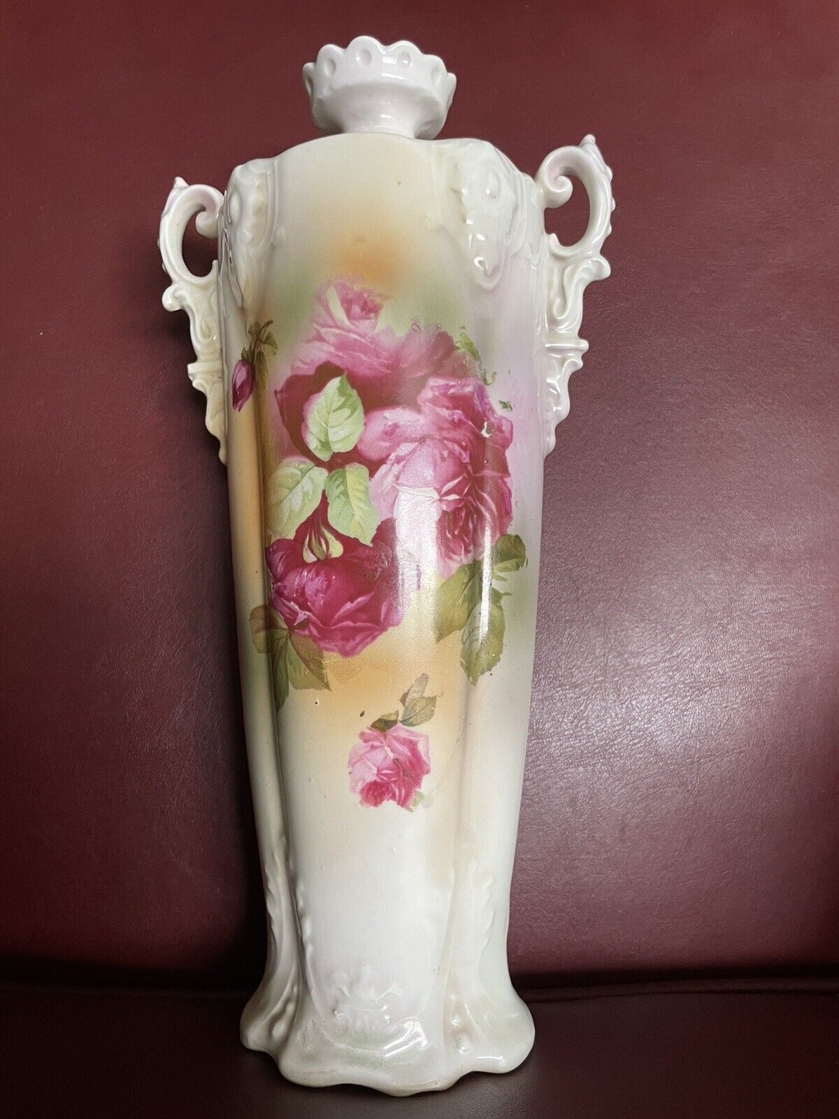 Handpainted Ceramic German Rose Vase, Early 1900s Erdmann Suhl