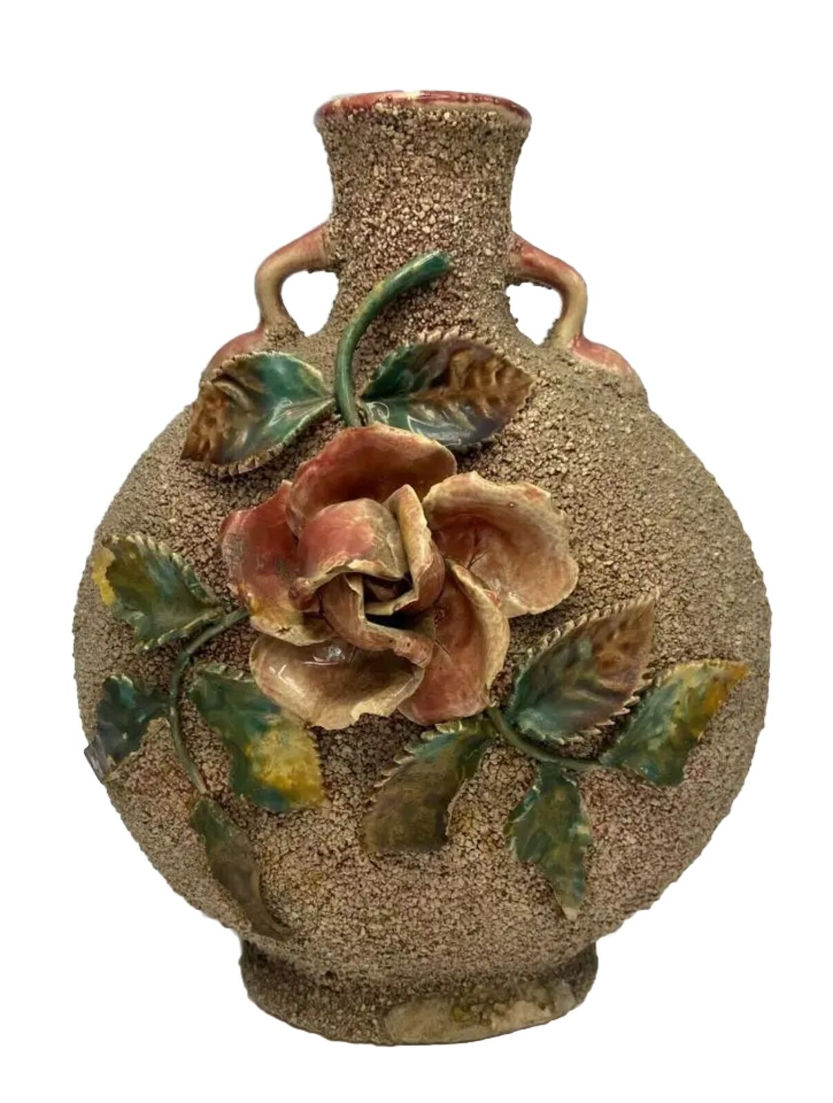 19th Century Sand-Glazed Majolica Pillow Vase Barbotine