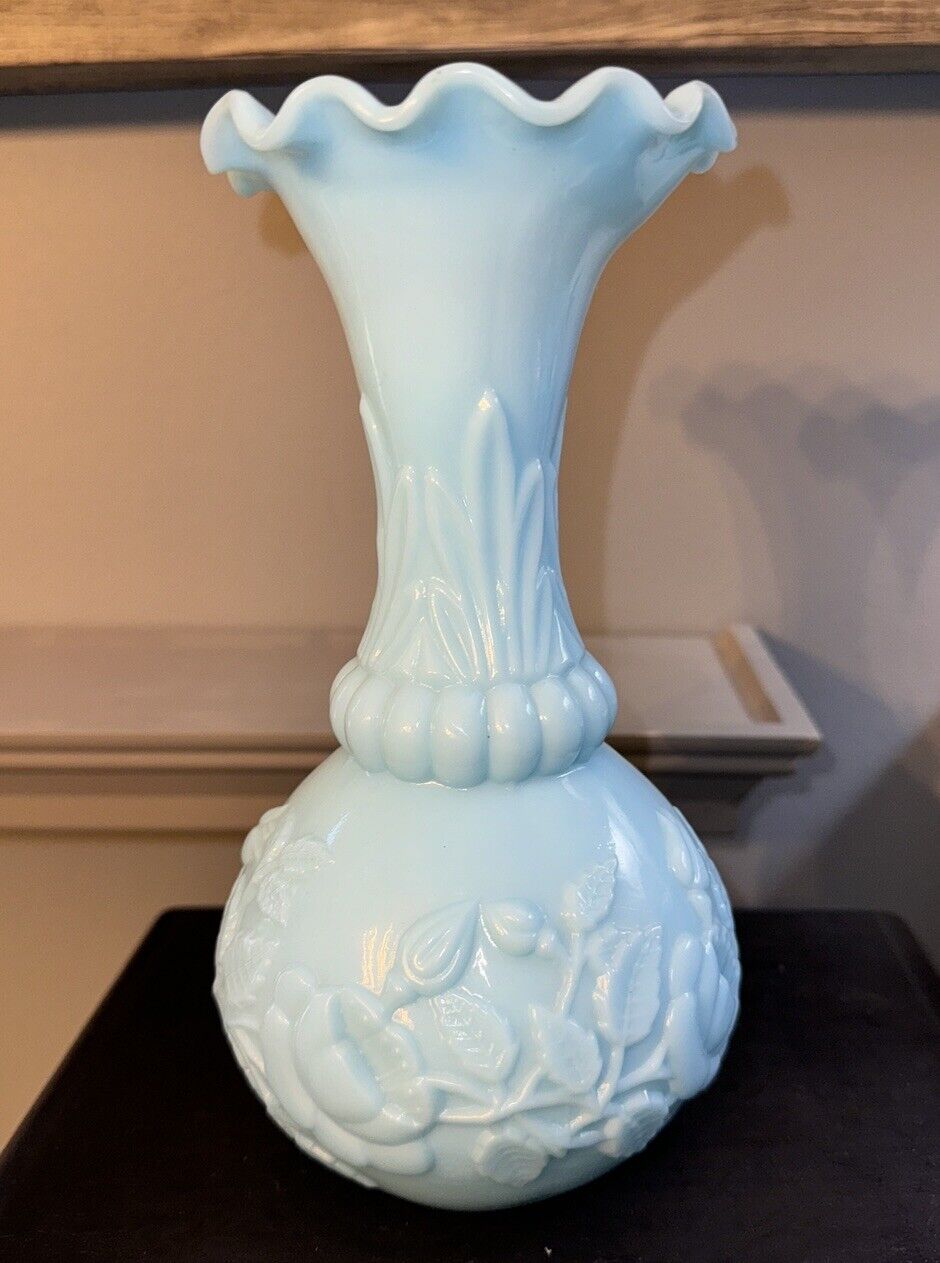 French Portieux Vallerysthal Blue Opaline Milk Glass Vase