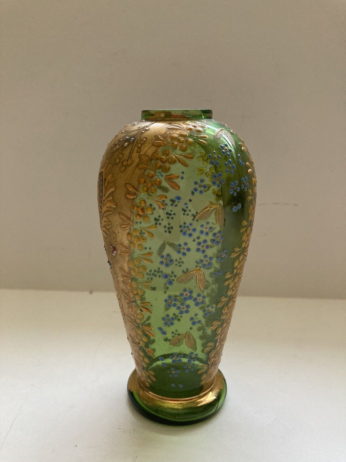 Vintage Austria Art Glass Gold Yellow Enamel Green Vase