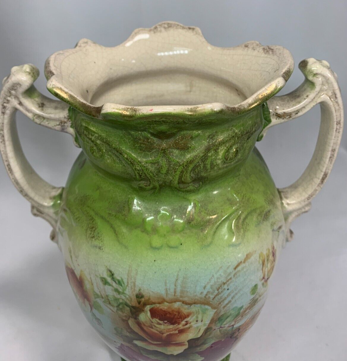 Large antique Victorian double handle flowered vase
