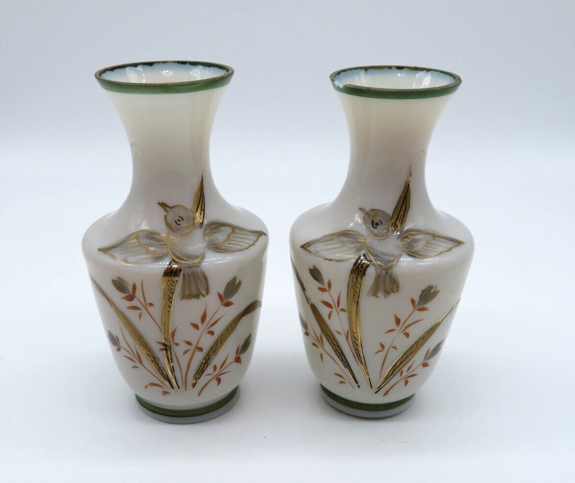 Antique Opaline Bristol Glass Vases - Hand Painted