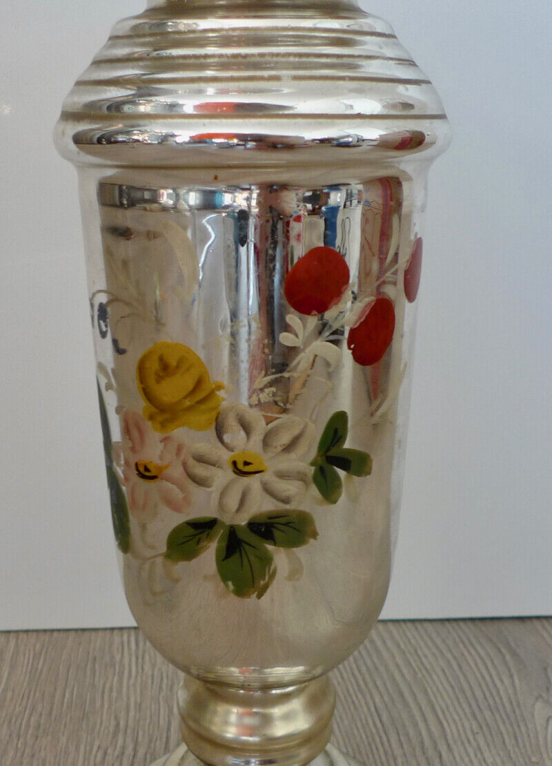 1800's Mercury Glass Vase with Enamel Florals