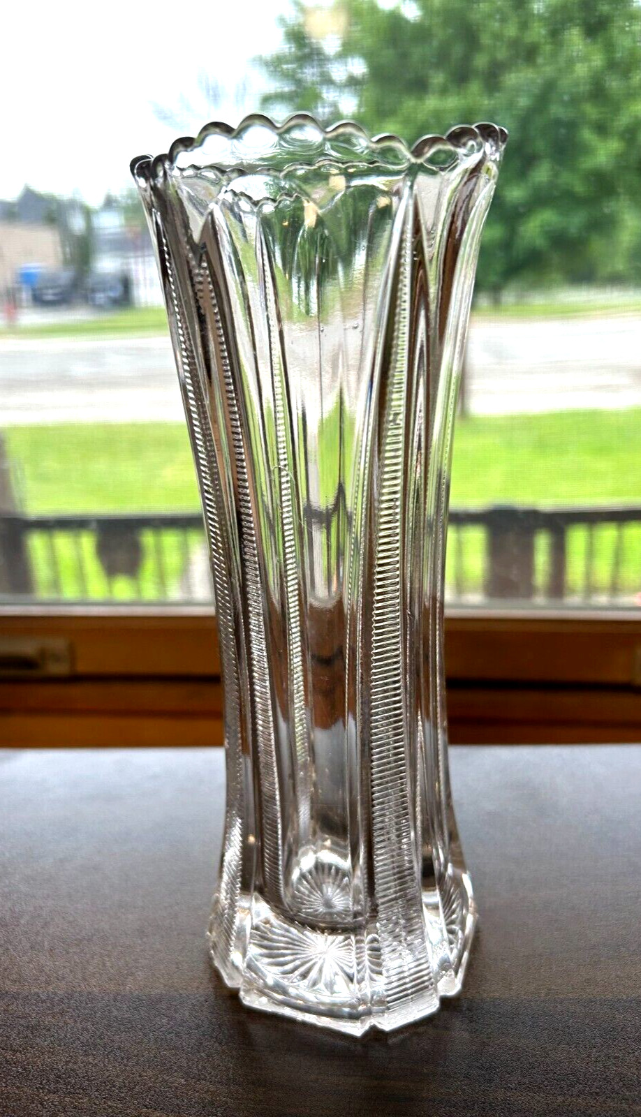 Antique Green Manganese Glow Glass Tall Vase