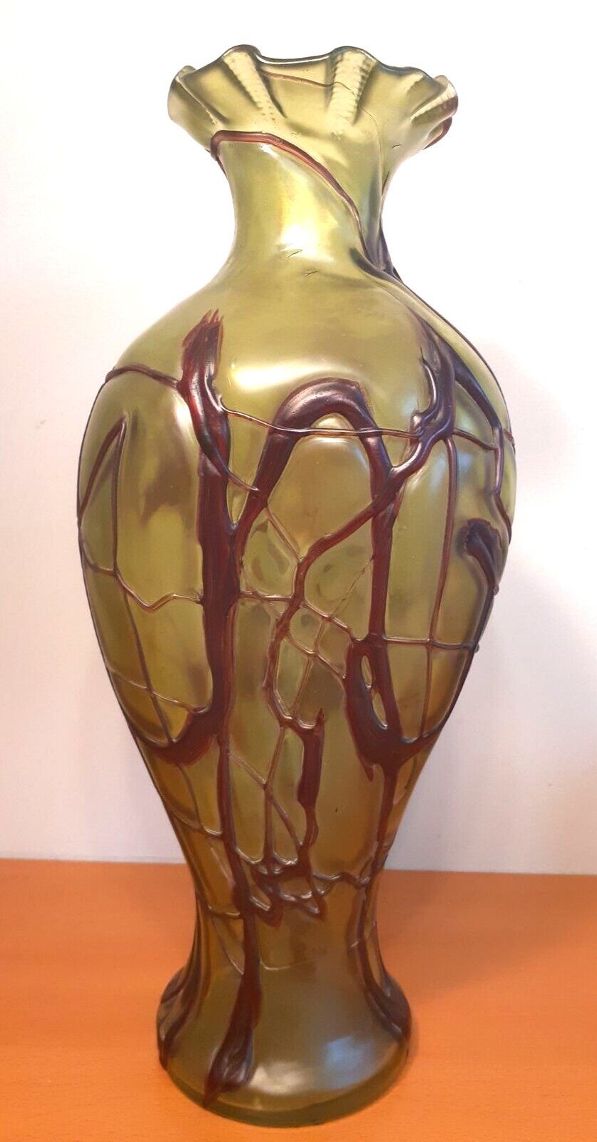 Tall 15" Pallme-Konig Green Veined Art Glass Vase