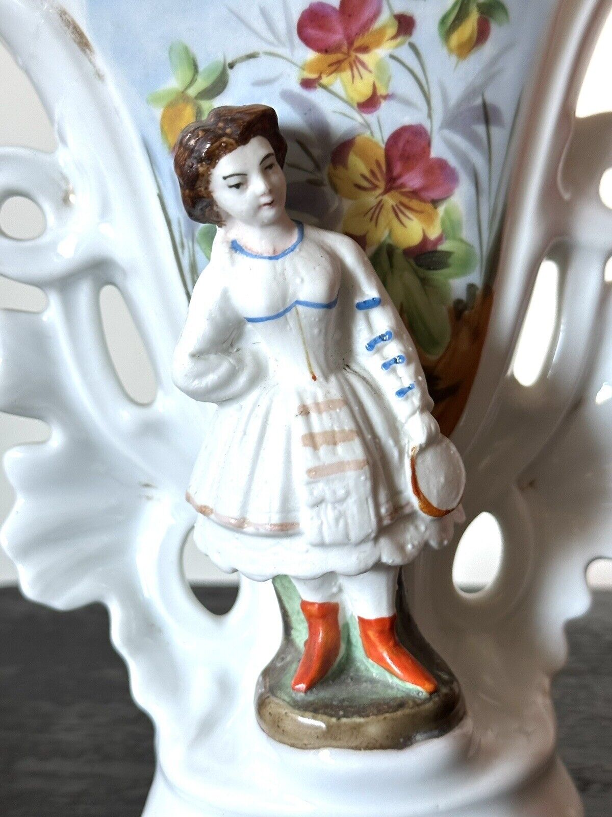 Edwardian bisque girl with pansies match spill vase