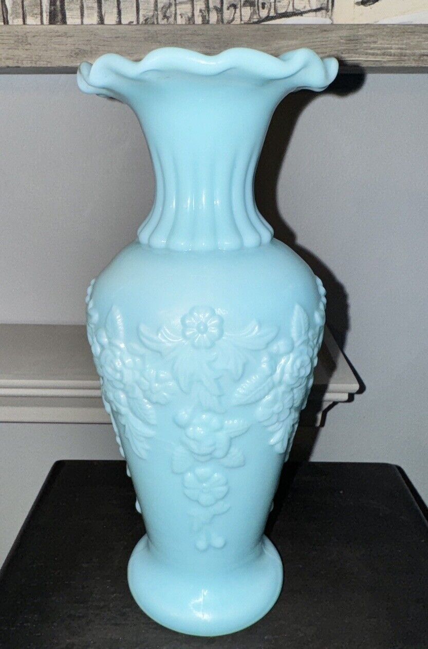 French Portieux Vallerysthal Blue Opaline Vase - 8.5”