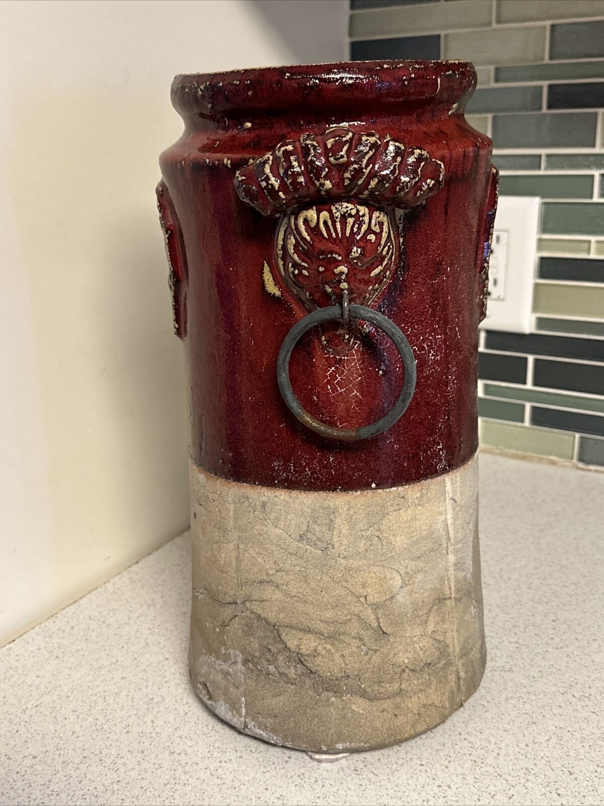 1800s European Glazed Pottery Vase with Fleur-de-lis & Lions