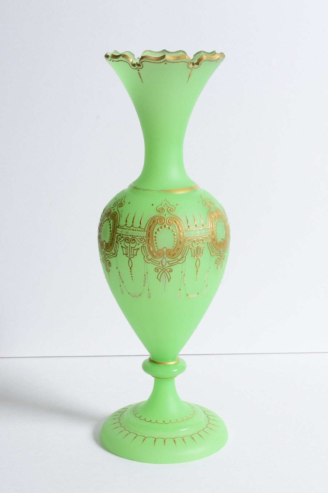 1800s French Opaline Glass Vase: Green and Gold