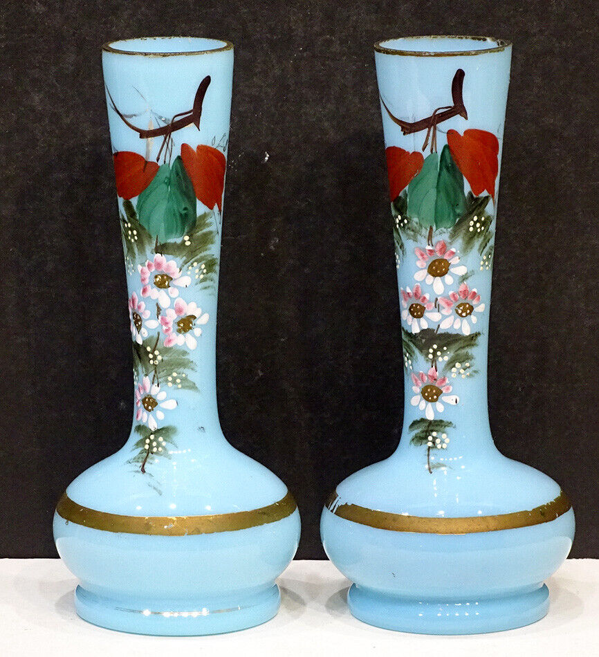 1800's Blue Bristol Glass Victorian Vase with Enamel Flowers
