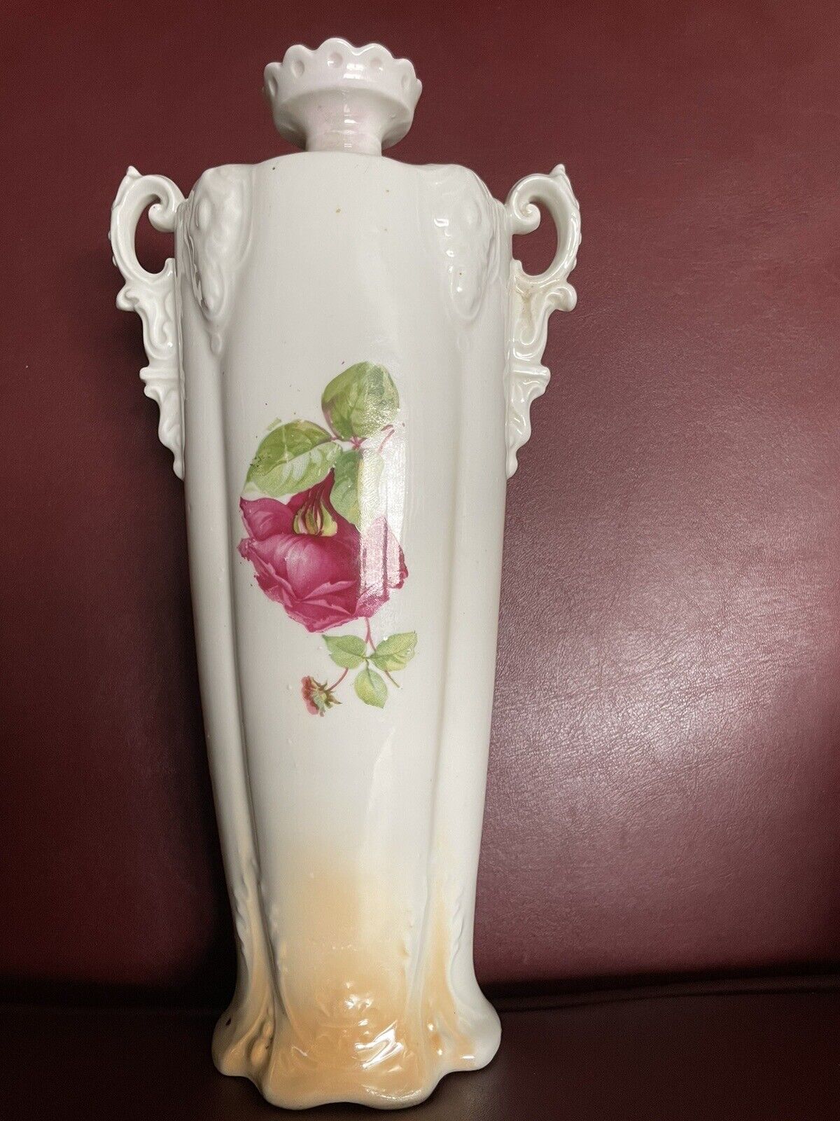 Handpainted Ceramic German Rose Vase, Early 1900s Erdmann Suhl