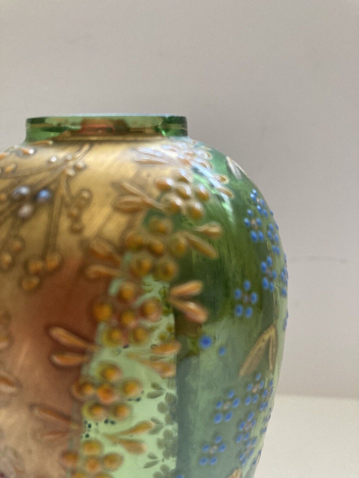 Vintage Austria Art Glass Gold Yellow Enamel Green Vase