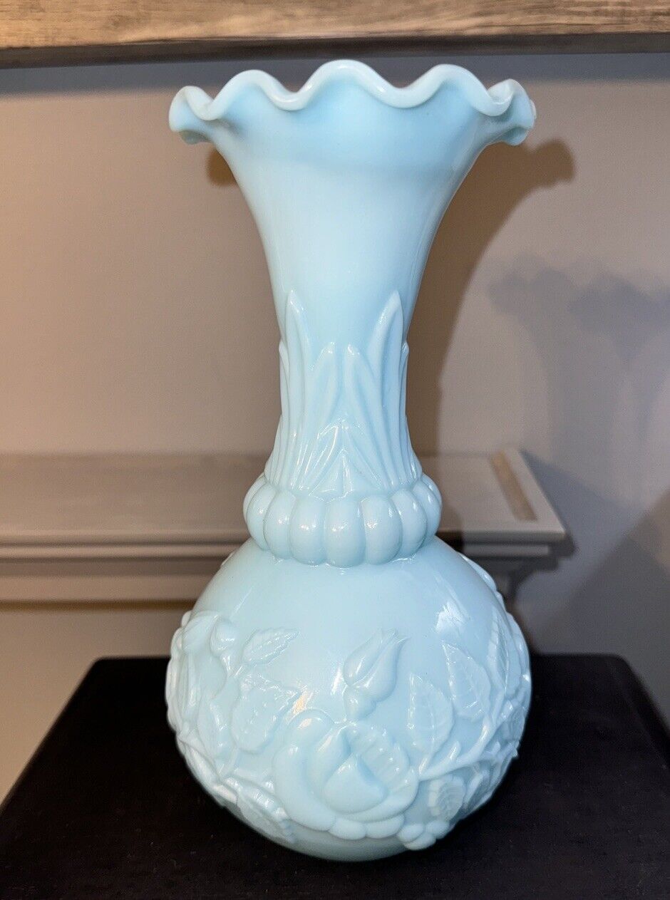 French Portieux Vallerysthal Blue Opaline Milk Glass Vase
