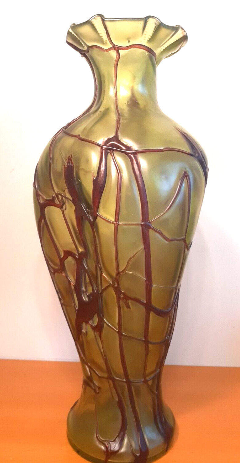 Tall 15" Pallme-Konig Green Veined Art Glass Vase