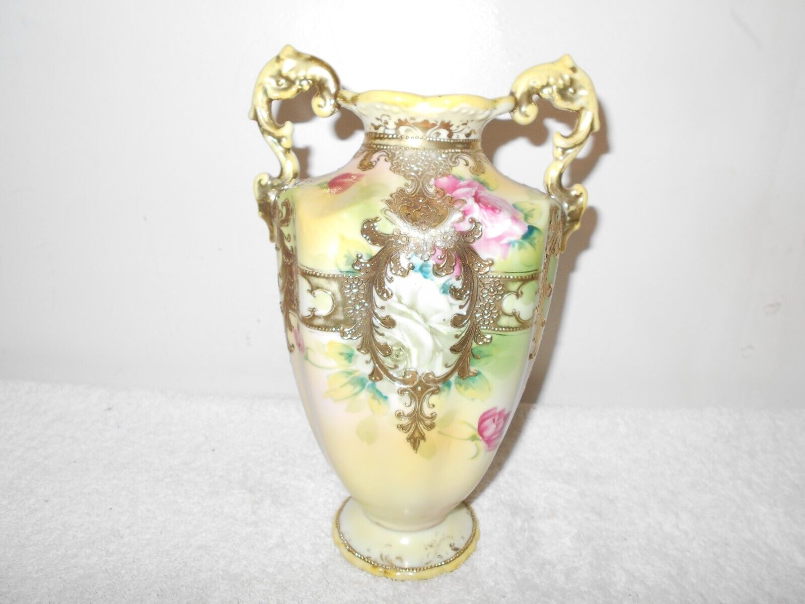 Antique Nippon Hand-Painted Rose Beaded Vase