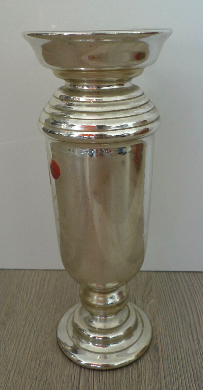 1800's Mercury Glass Vase with Enamel Florals