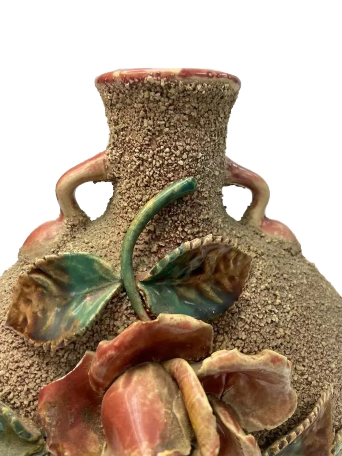 19th Century Sand-Glazed Majolica Pillow Vase Barbotine