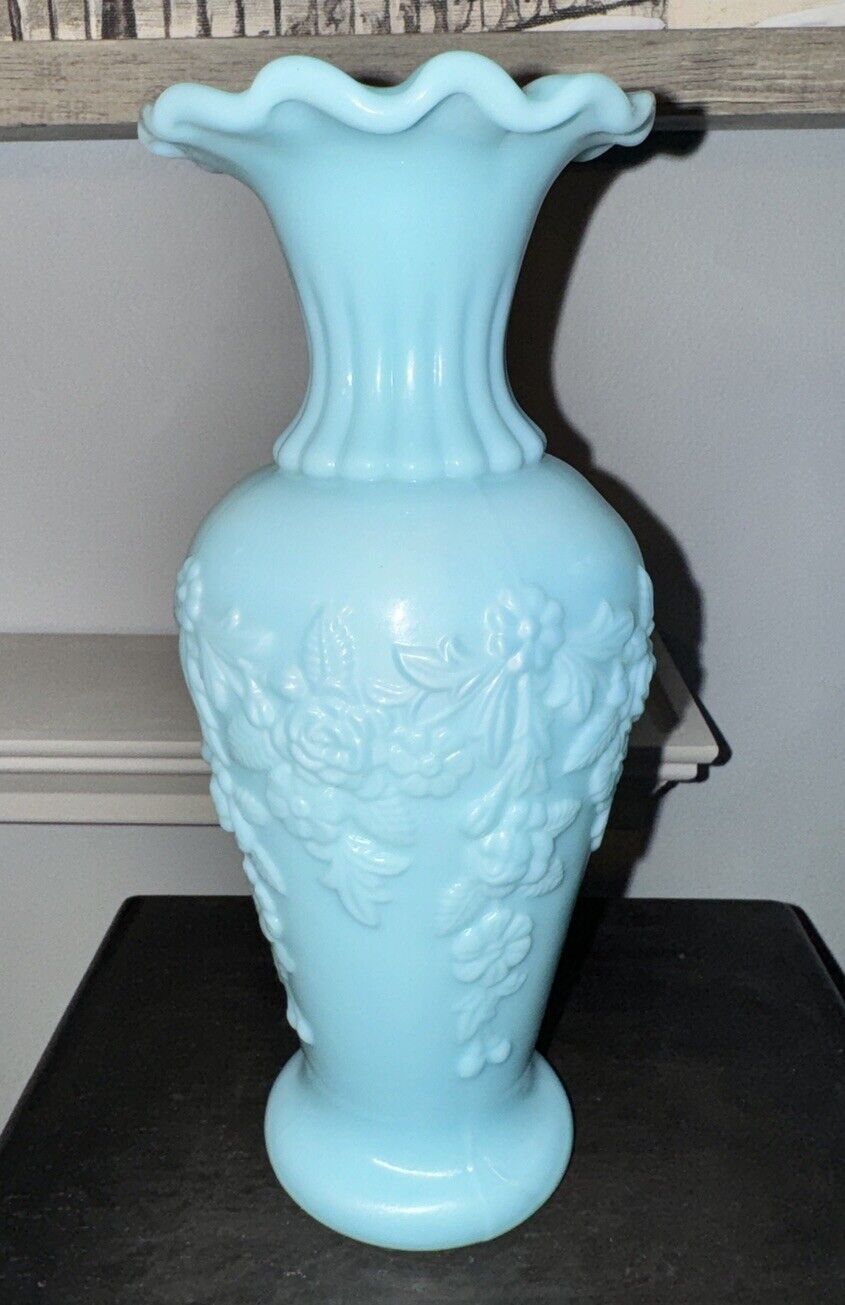 French Portieux Vallerysthal Blue Opaline Vase - 8.5”