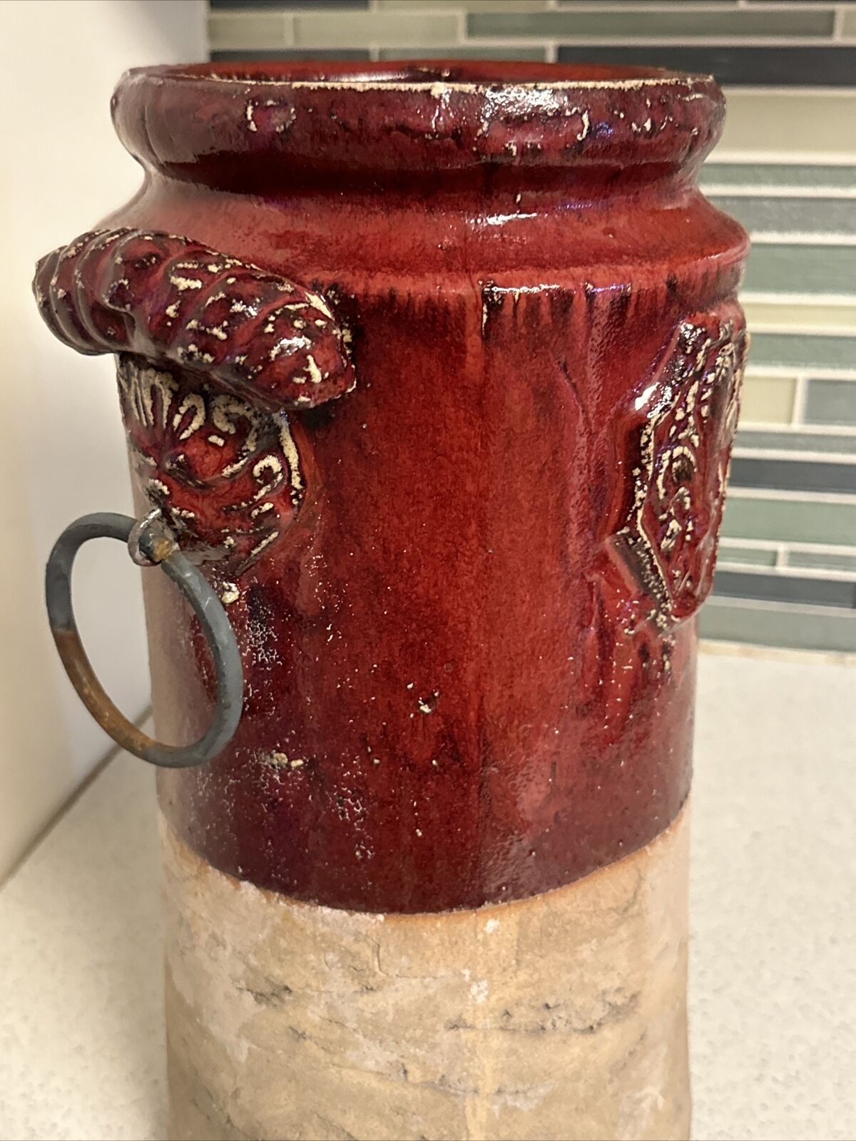 1800s European Glazed Pottery Vase with Fleur-de-lis & Lions
