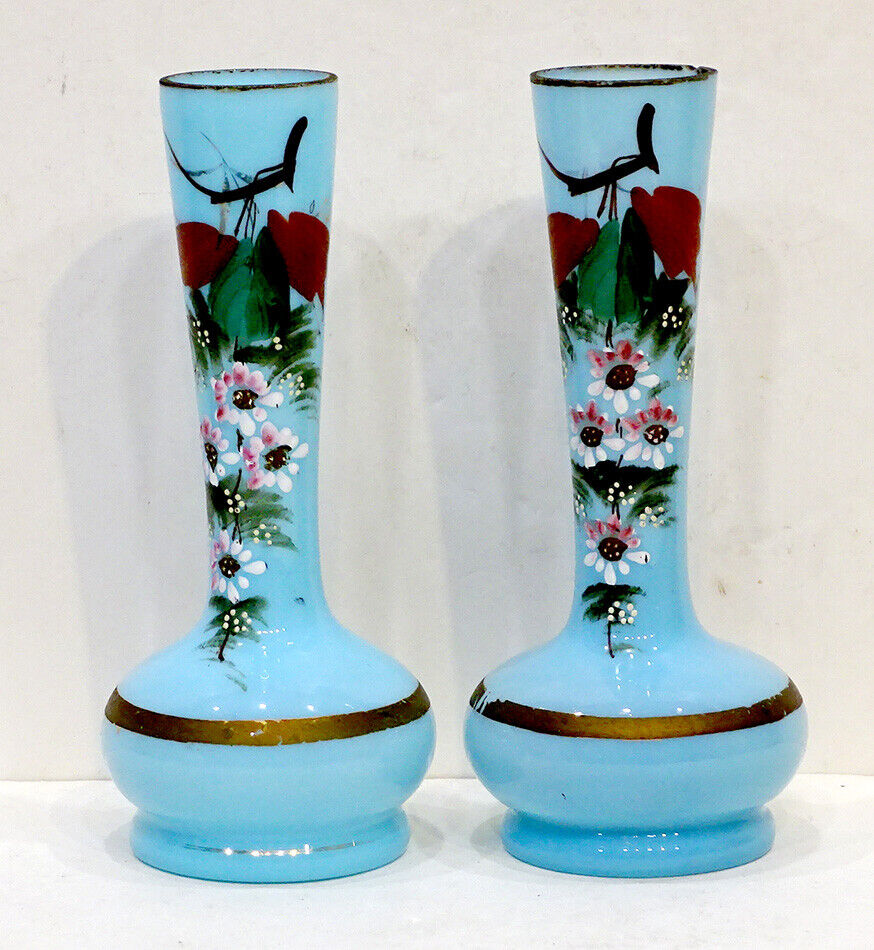 1800's Blue Bristol Glass Victorian Vase with Enamel Flowers